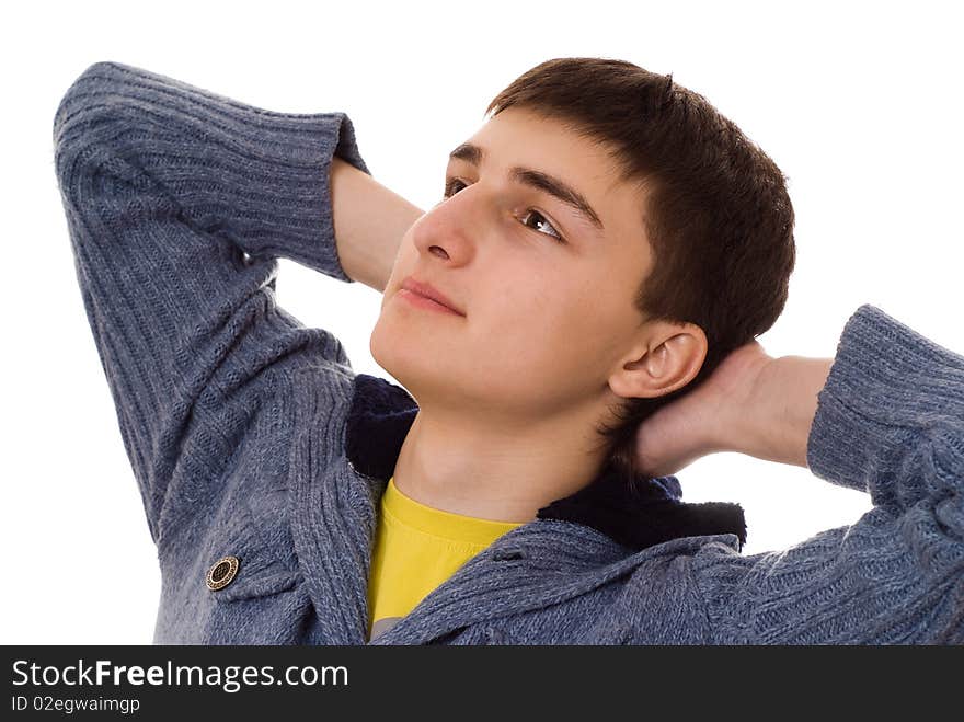 Handsome man stands and thinks on a white background. Handsome man stands and thinks on a white background