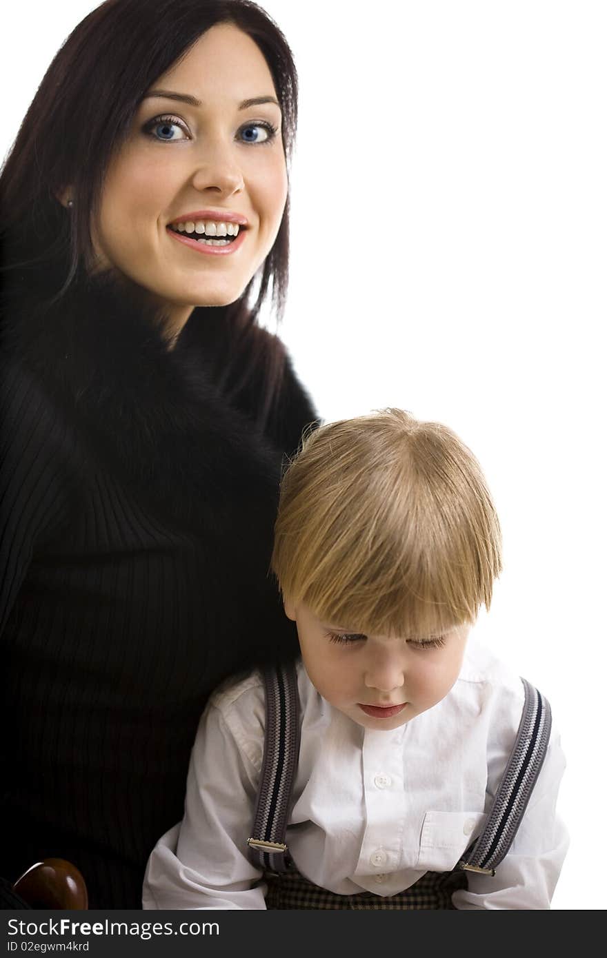 Young mother with her son on knees isolated