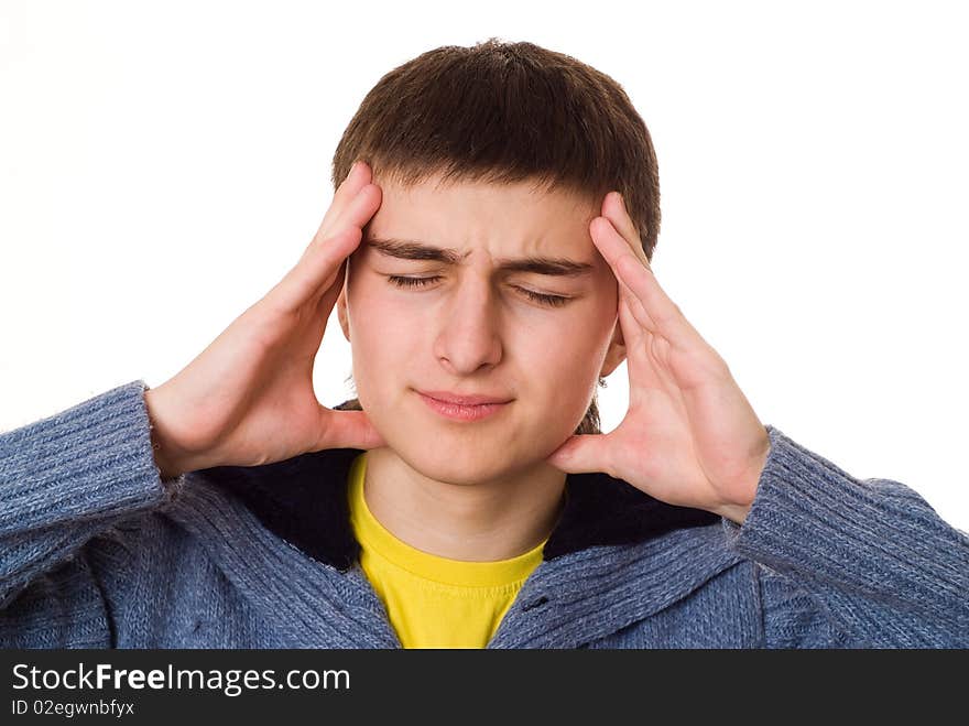 Handsome young teenager standing and thinking on a white