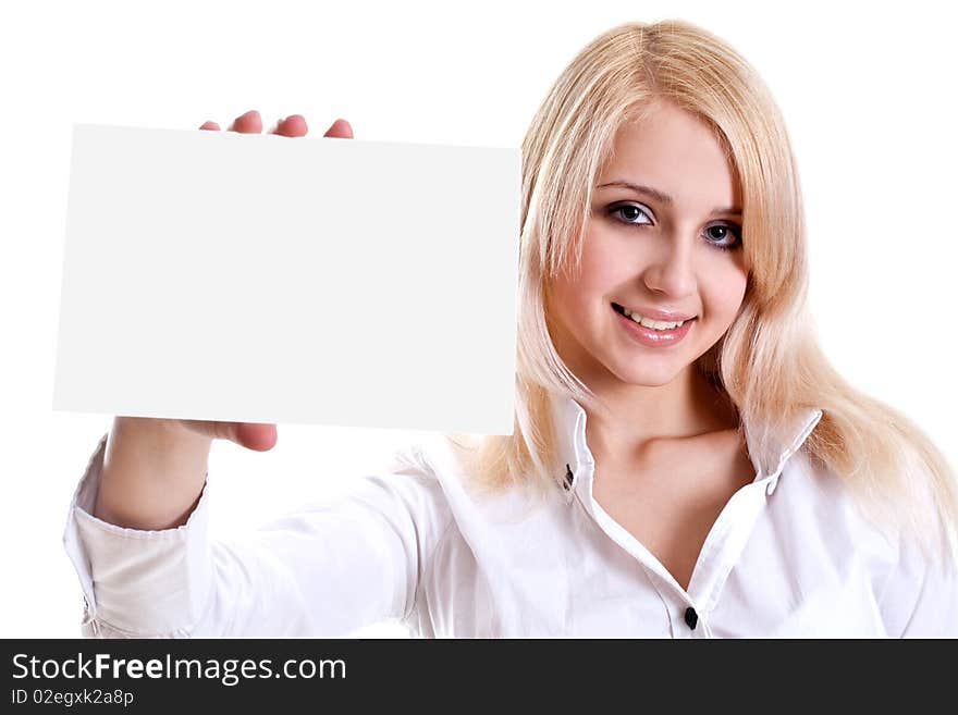 Young business woman with business card on a white background