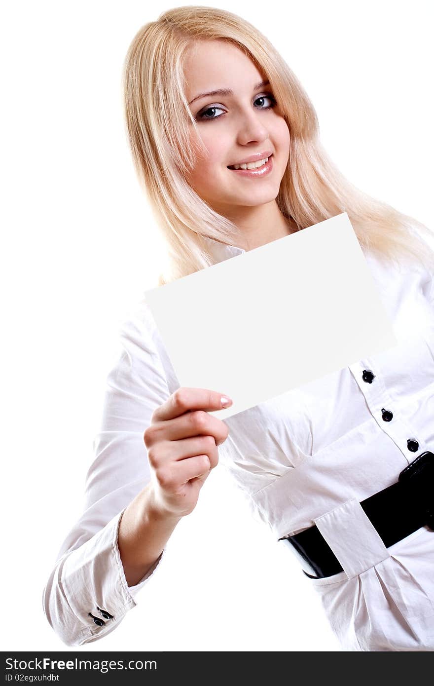 Young business woman with business card on a white background