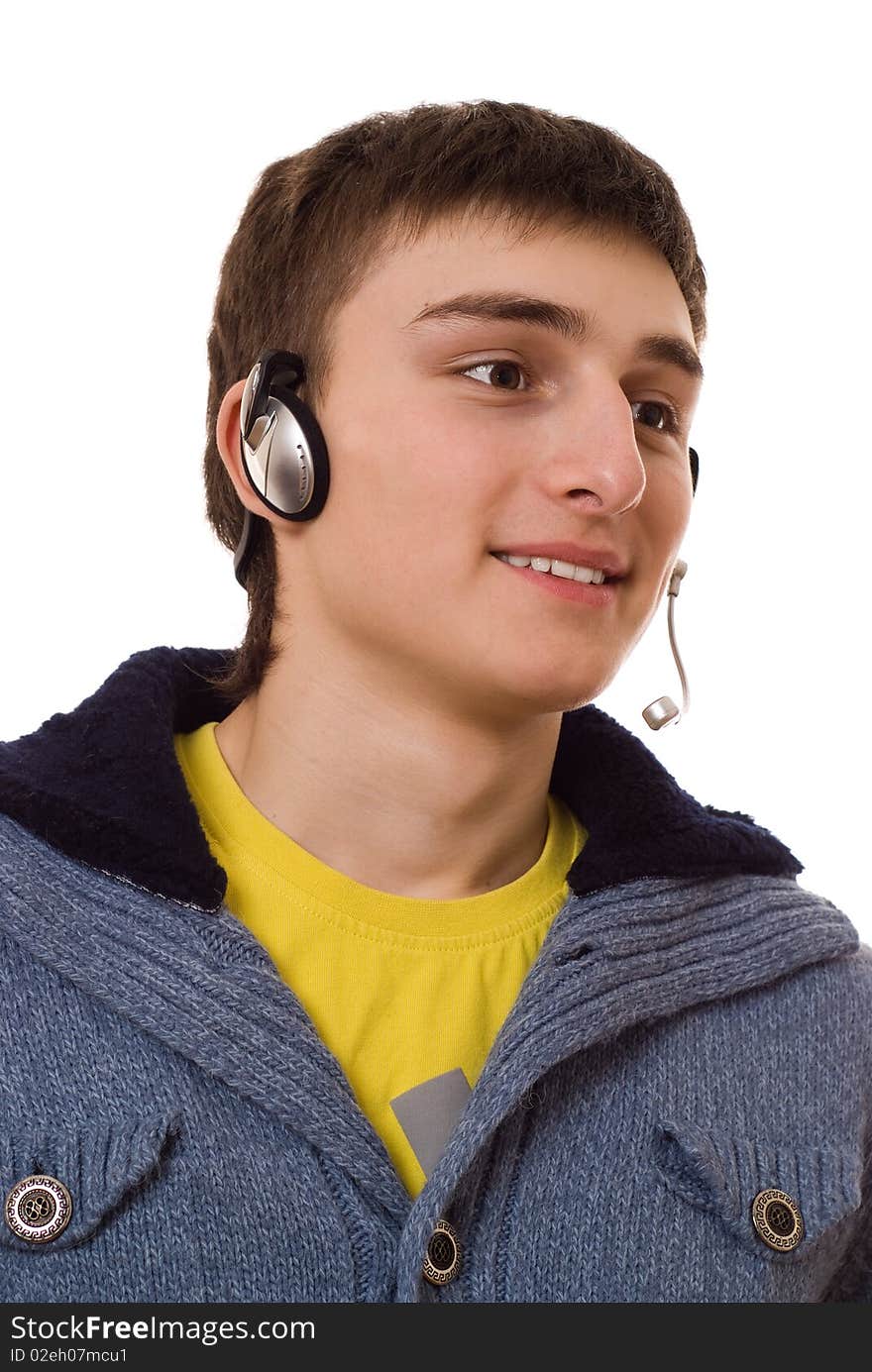 Teenager with headphones on white background. Teenager with headphones on white background