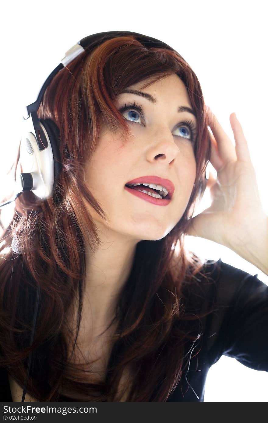 Woman With Headphones Isolated High Key Portrait