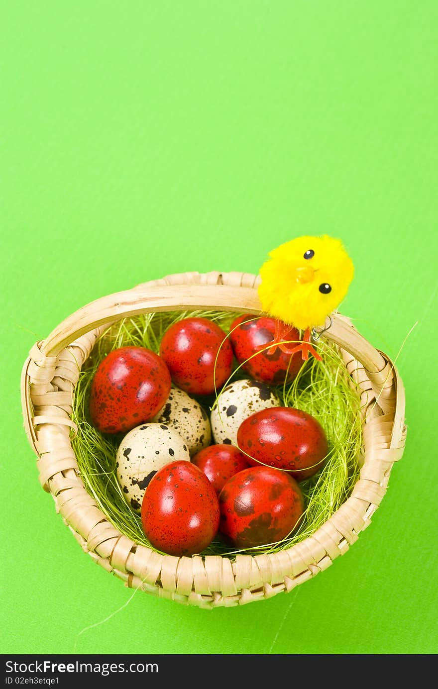 Easter eggs and chicken on green background. Easter eggs and chicken on green background