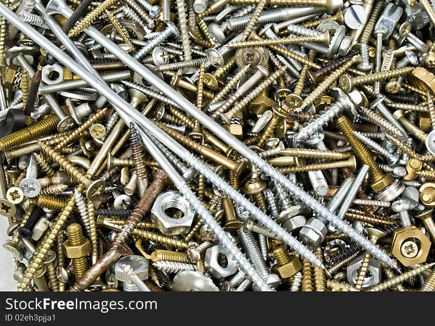 Closeup of many metal screws