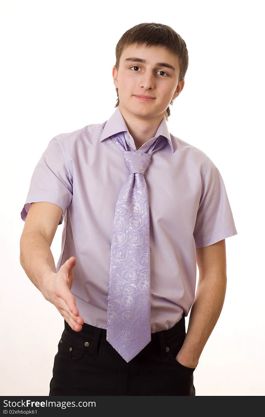 Man in a purple shirt with a white background