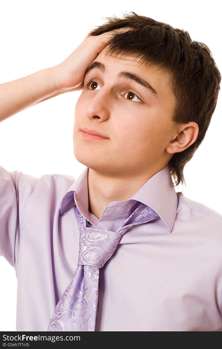 Young business man in a purple shirt with a white background