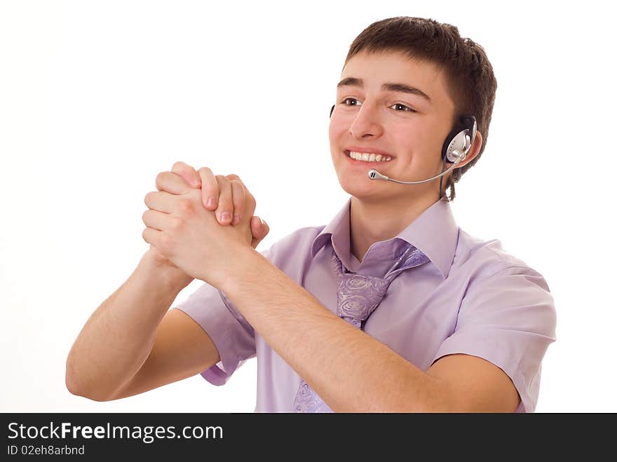 Portrait of a happy businessman in a purple shirt with a white background