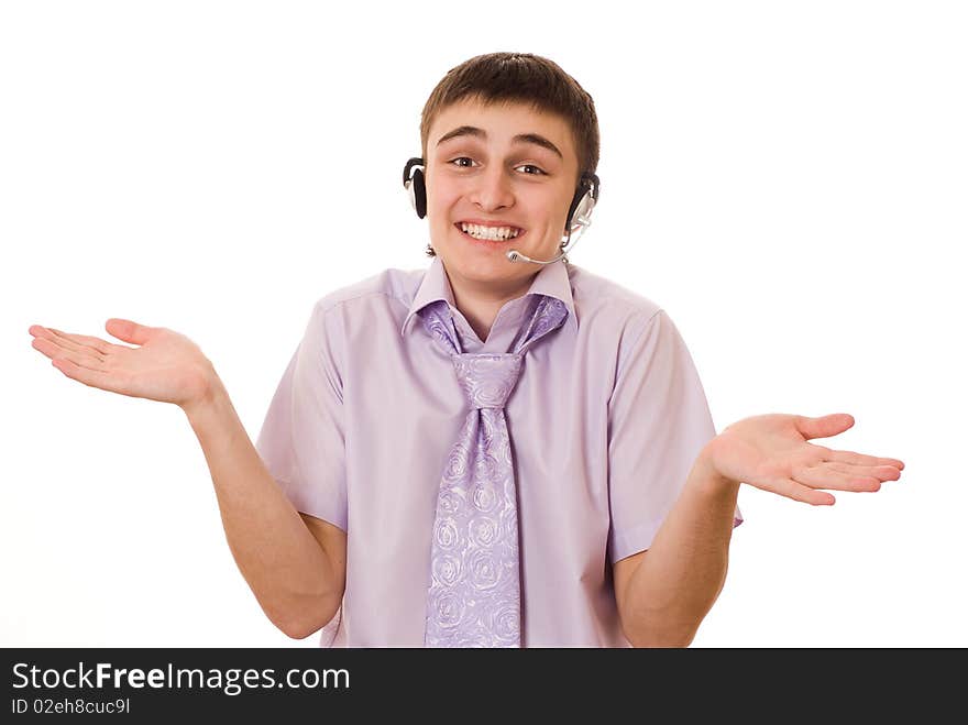 Portrait of a happy businessman in a purple shirt with a white