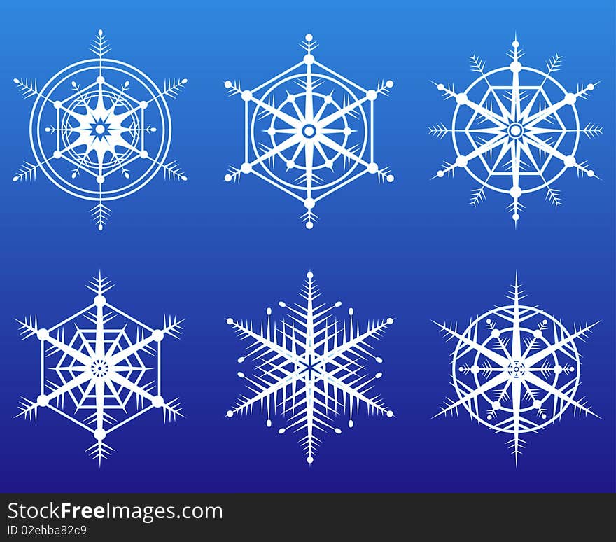 Icon set of 6 different snowflakes . Vector illustration. EPS8, all parts closed, possibility to edit. Icon set of 6 different snowflakes . Vector illustration. EPS8, all parts closed, possibility to edit.