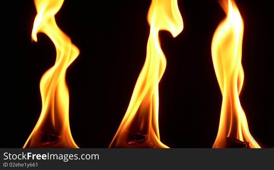 Several high yellow flames on black background. Several high yellow flames on black background