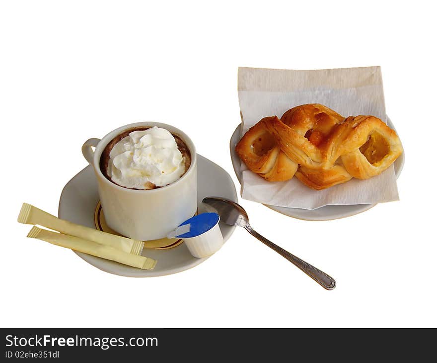 Morning coffee with cream and sweet pastry. Morning coffee with cream and sweet pastry