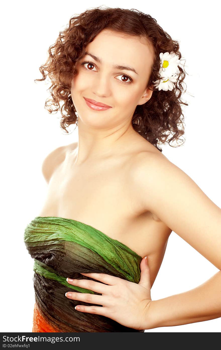 Beautiful woman  with camomile flower on white background. Beautiful woman  with camomile flower on white background