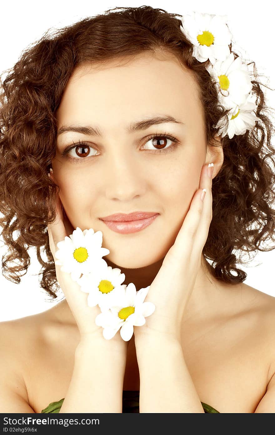 Beautiful Woman With Camomile Flower