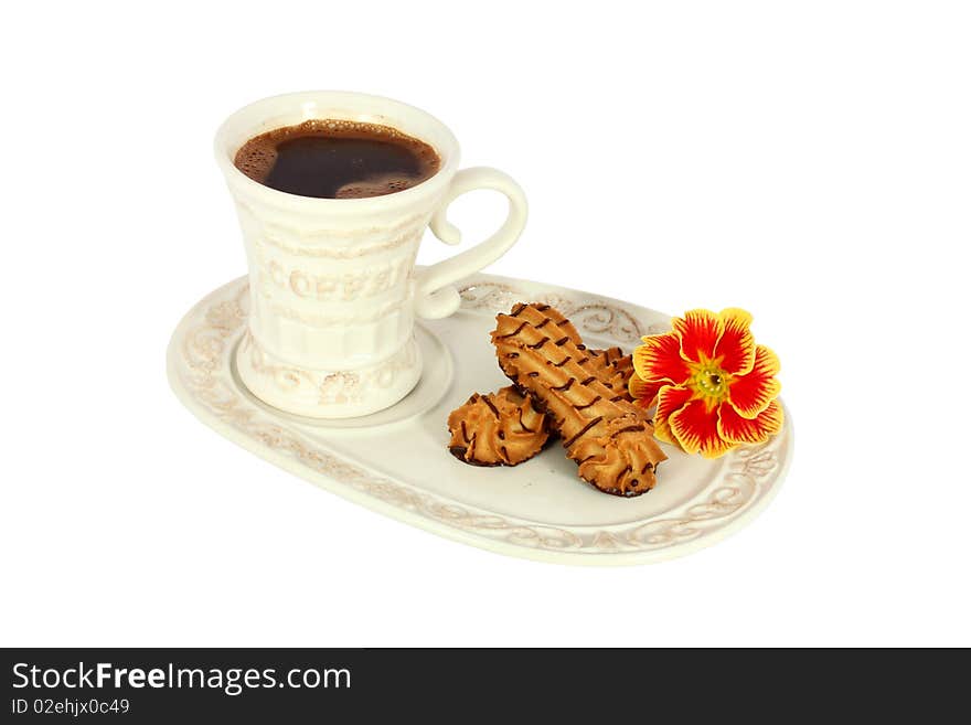 Cup of coffee with cake and flower isolated on white. Cup of coffee with cake and flower isolated on white