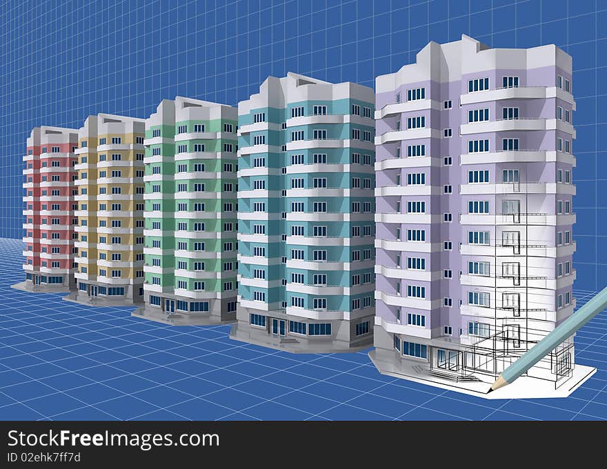 Drawing of residential houses in 3D isometric view. Drawing of residential houses in 3D isometric view.