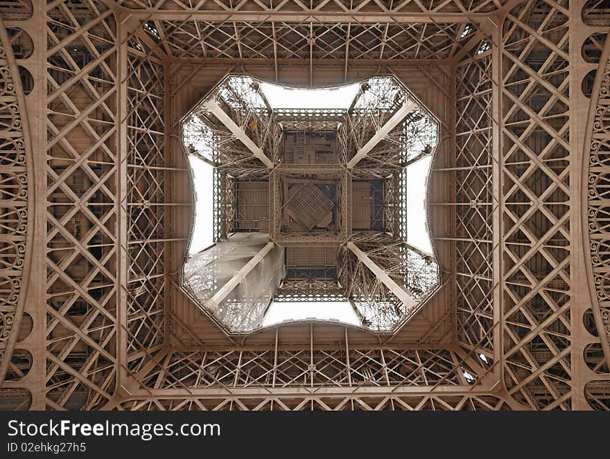 Internal view of Eiffel Tower, view from below upwards. Internal view of Eiffel Tower, view from below upwards.