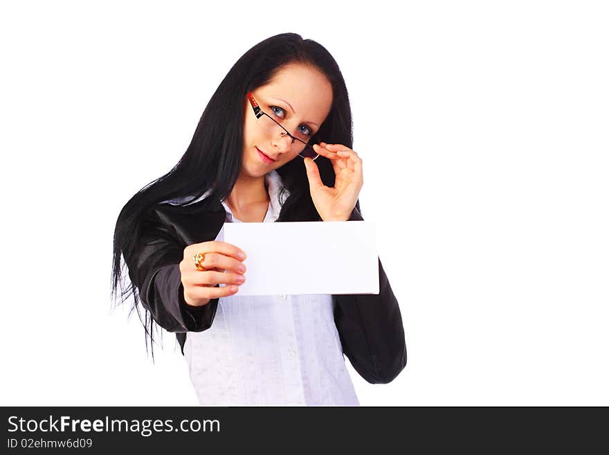 Elegant smiling businesswoman wearing eyeglasses holding a blank note-card, isolated on white. Elegant smiling businesswoman wearing eyeglasses holding a blank note-card, isolated on white