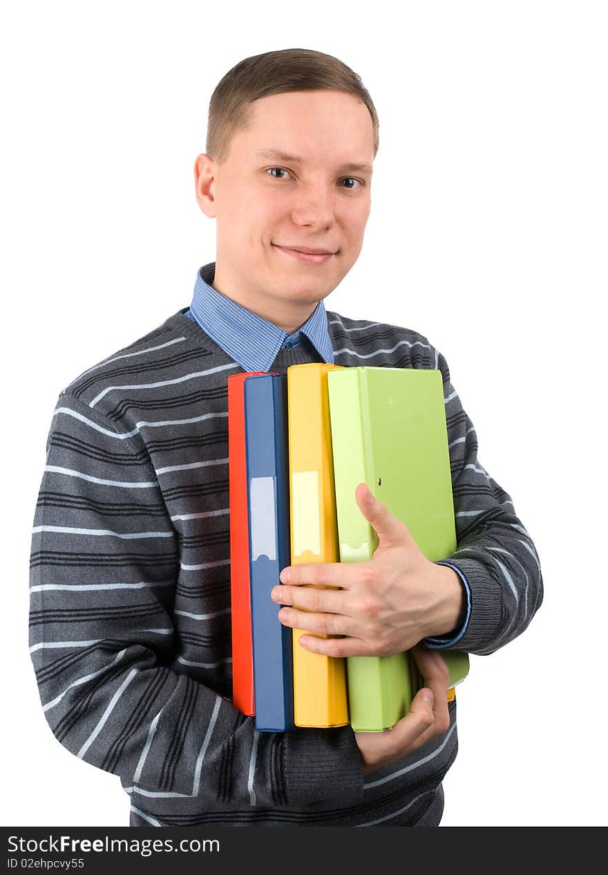 Man with heap of folders looking at camera