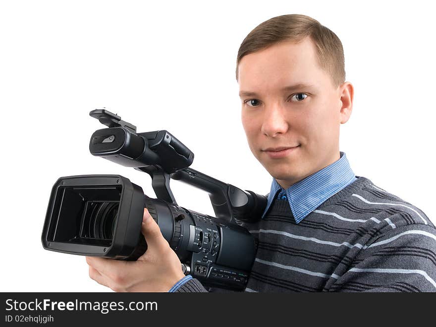 Man with a videocamera isolated on a white background