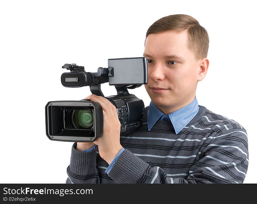 Young man with digital video camera