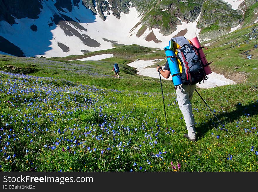 Happy hiker in Caucasus mountains