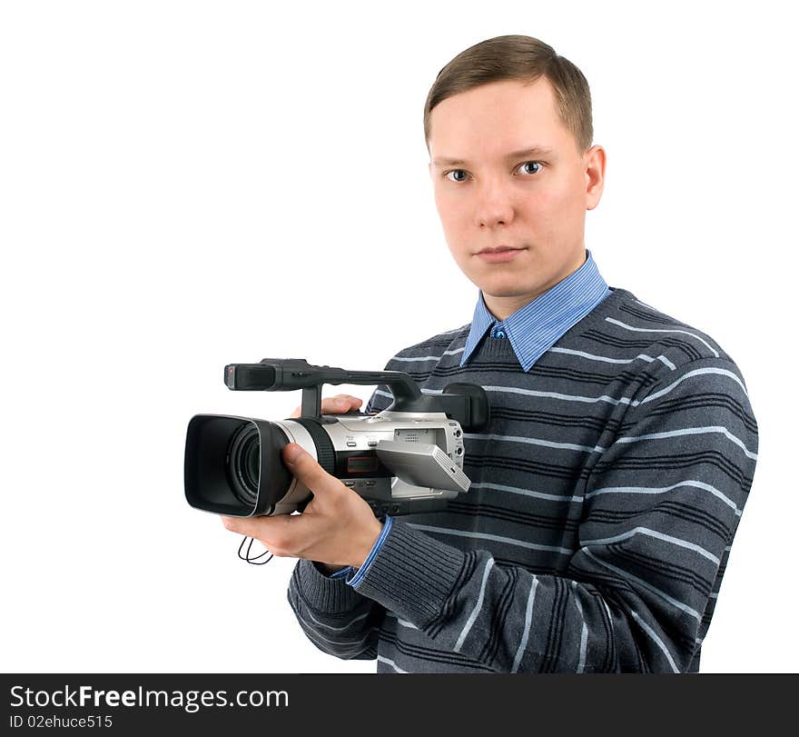 Young man with digital video camera