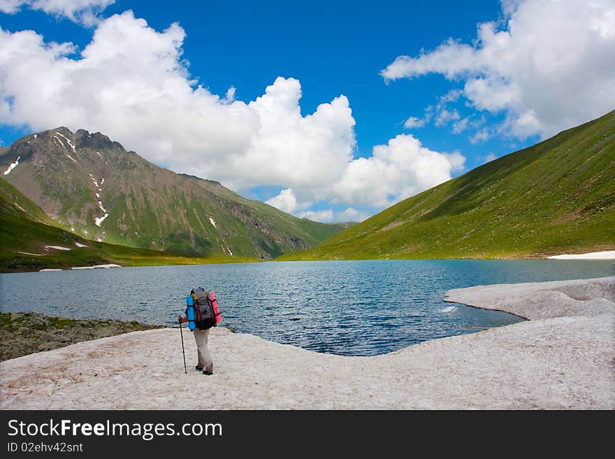 Happy hiker in Caucasus mountains