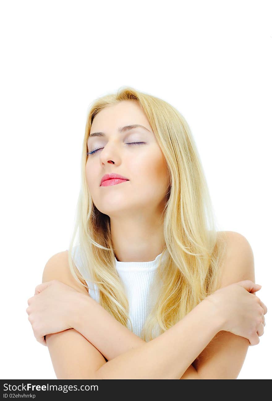 Beauty blond girl with closed eyes on white background. Beauty blond girl with closed eyes on white background