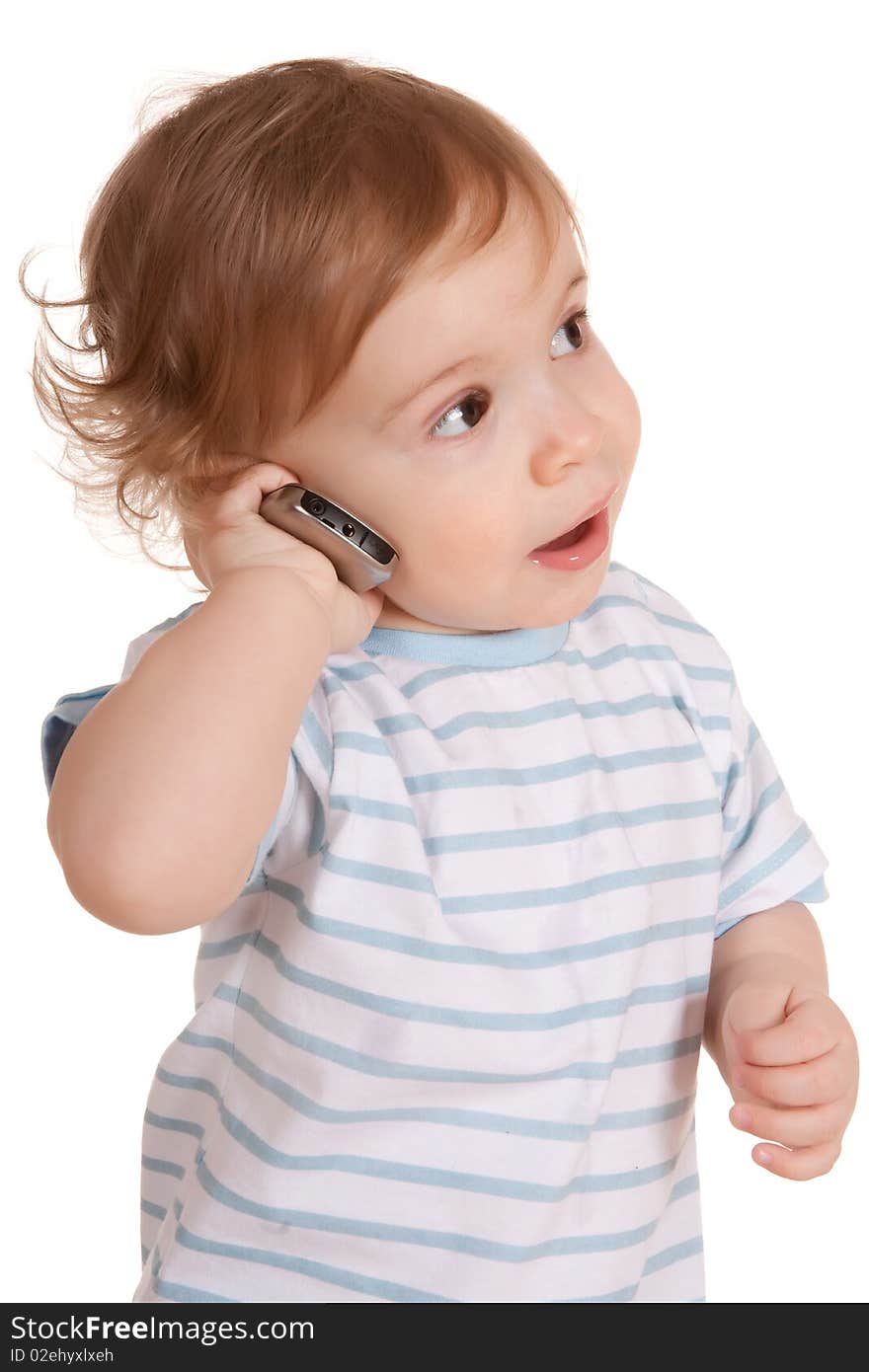 Little boy talking on the phone. Isolated on white background