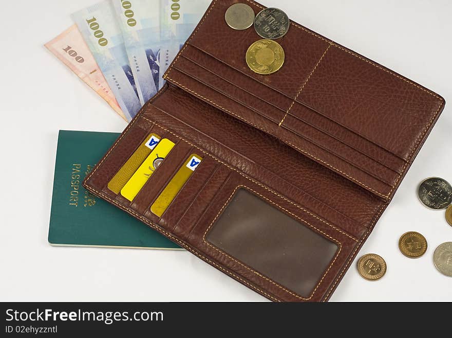 Open leather wallet on isolated background