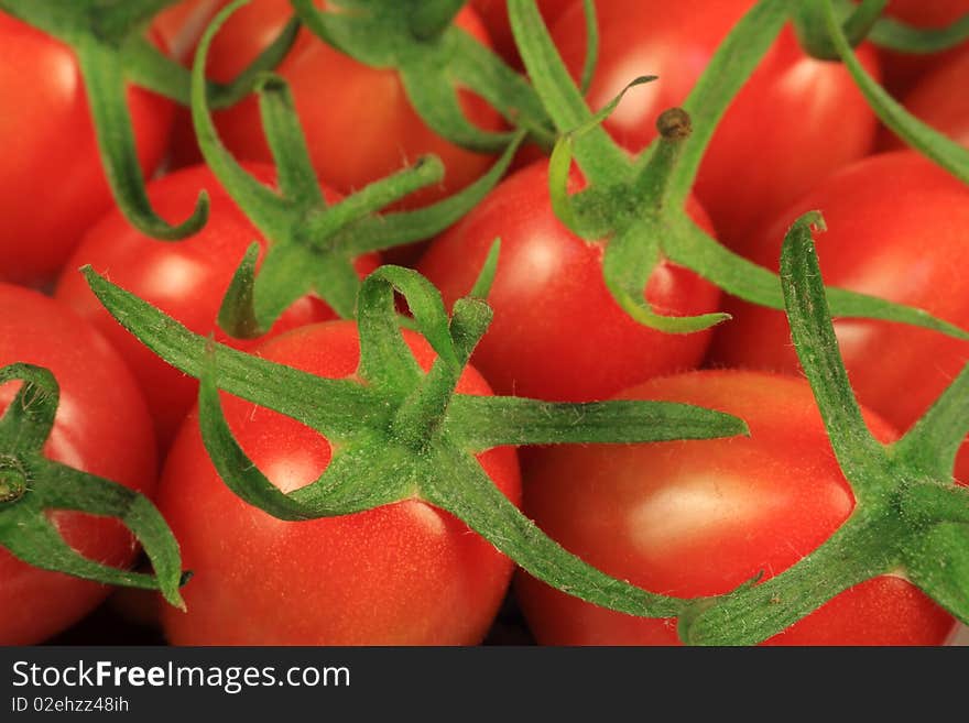 Gathered fresh red tomatoes with green leaves