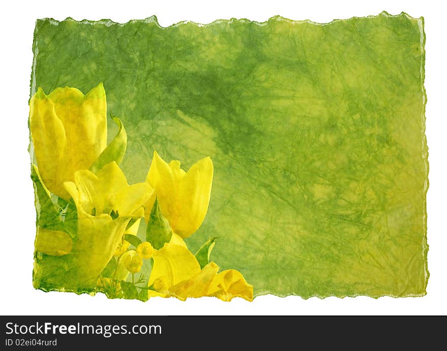 Hand-made paper with floral decoration - yellow tulips, background for your text. Hand-made paper with floral decoration - yellow tulips, background for your text