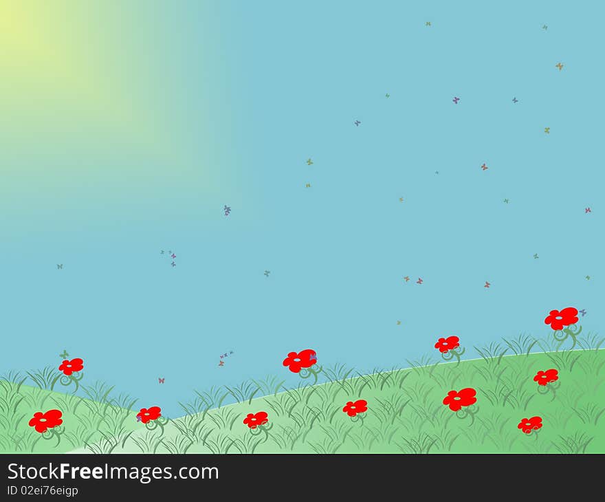 Illustration of summer landscape. Green hills with grass and flowers and butterflies over the blue sky. Useful for greeting cards, postcards in theme with the summer or spring. Illustration of summer landscape. Green hills with grass and flowers and butterflies over the blue sky. Useful for greeting cards, postcards in theme with the summer or spring.