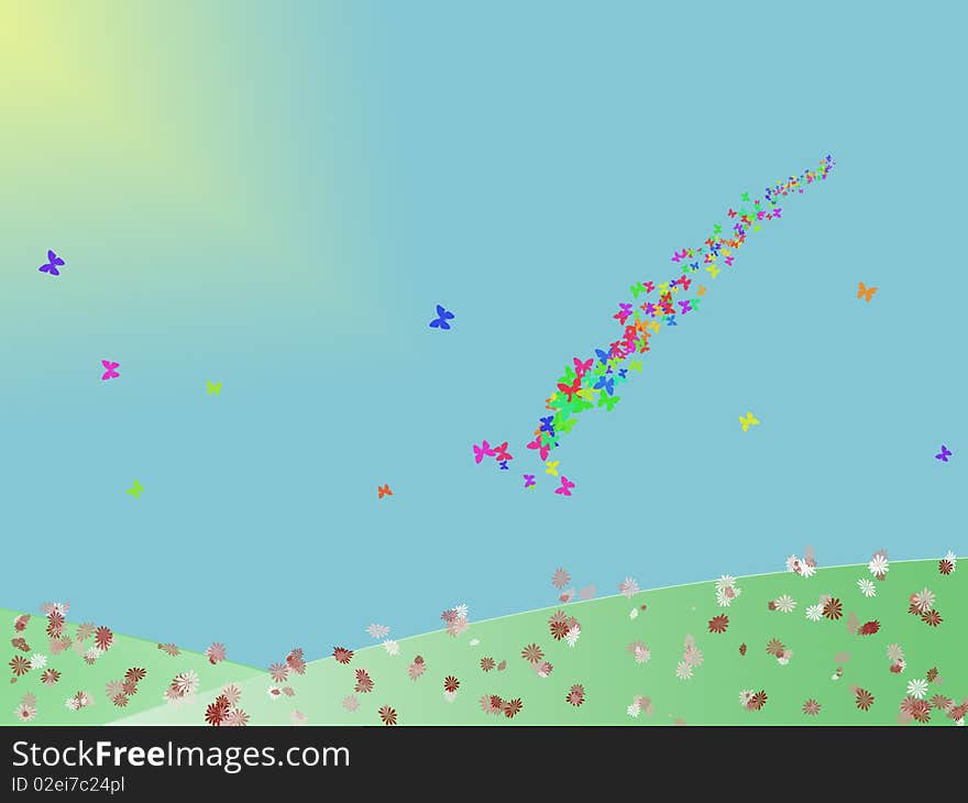 Illustration of summer landscape. Green hills with flowers and butterflies over the blue sky. Useful for greeting cards, postcards in theme with the summer or spring. Illustration of summer landscape. Green hills with flowers and butterflies over the blue sky. Useful for greeting cards, postcards in theme with the summer or spring.