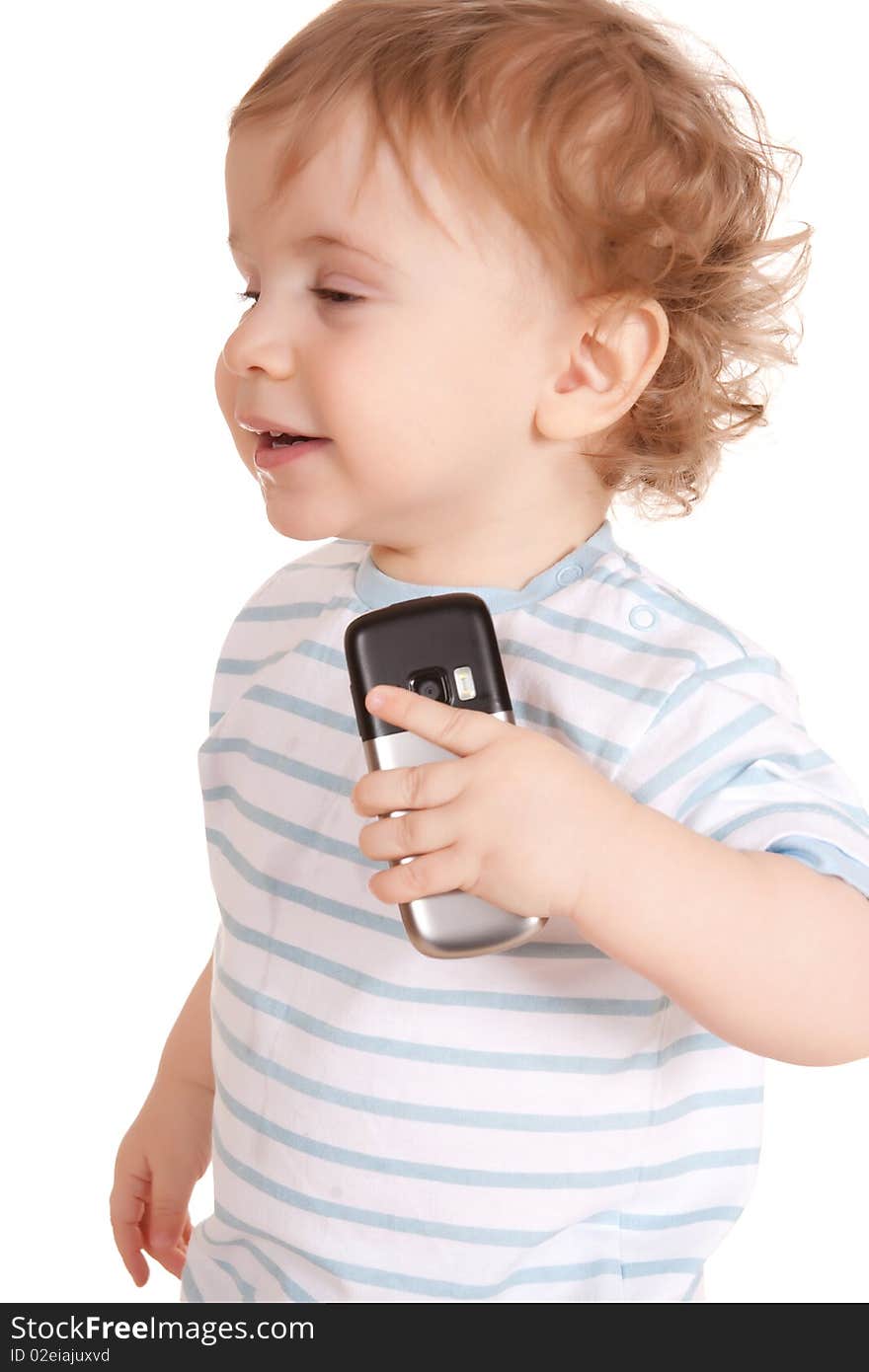 Lovely little boy with phone. Isolated on white