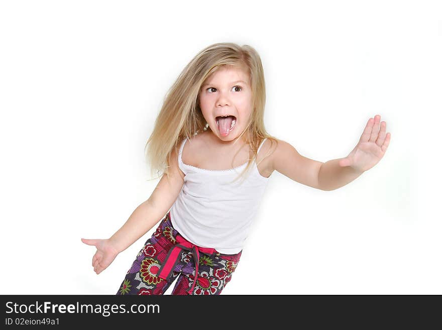 Little girl making funny faces over white