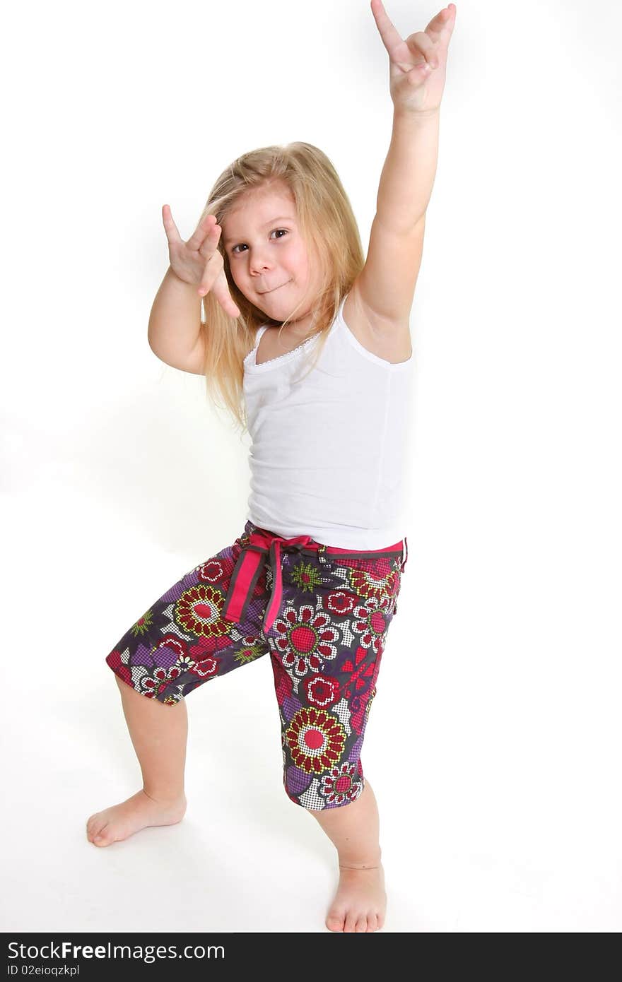 Little girl dancing hip-hop over white. Little girl dancing hip-hop over white