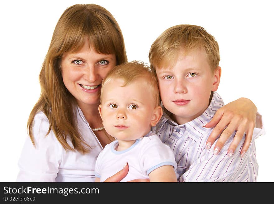 Portrait of mother and two sons over white