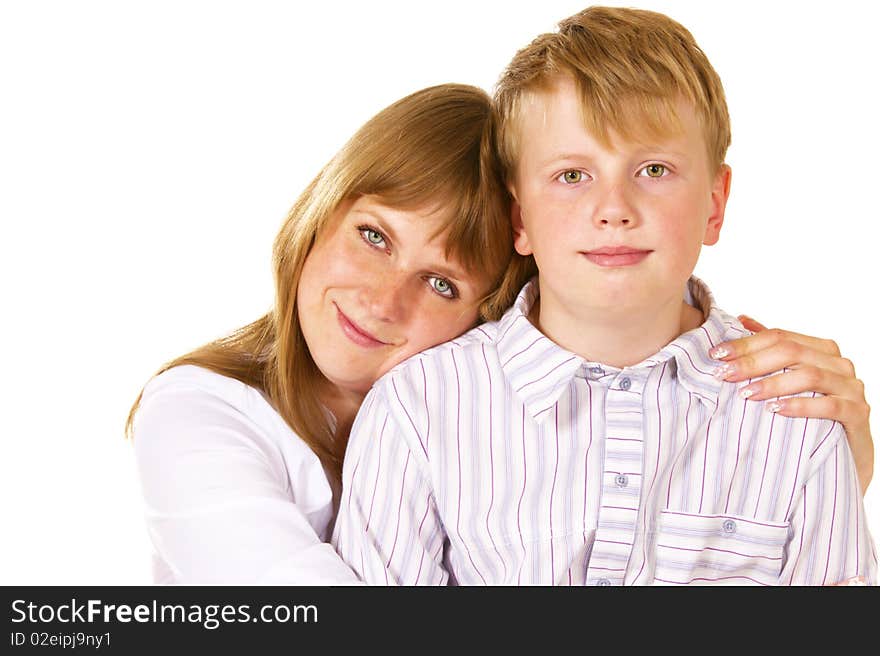 Portrait of mother and her son over white