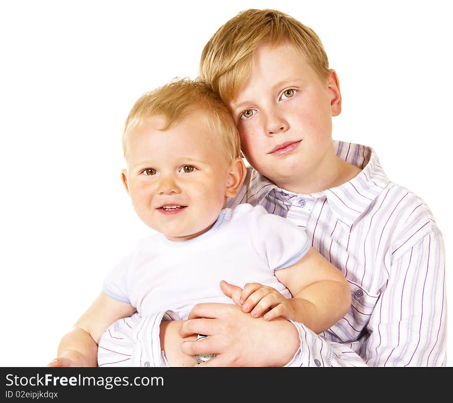 Closeup portrait of two brothers over white