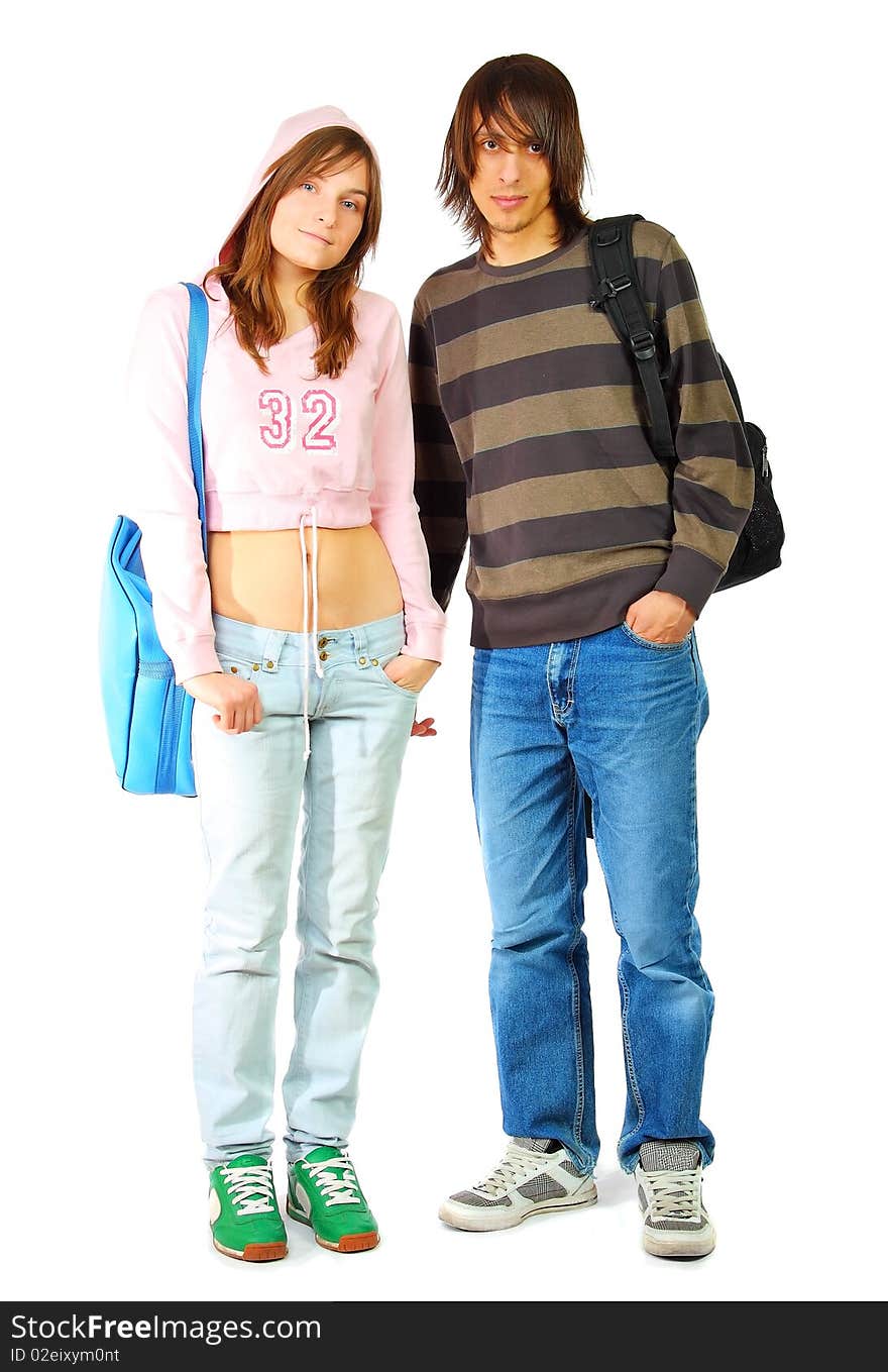 Young woman and man standing with bags, isolated on white