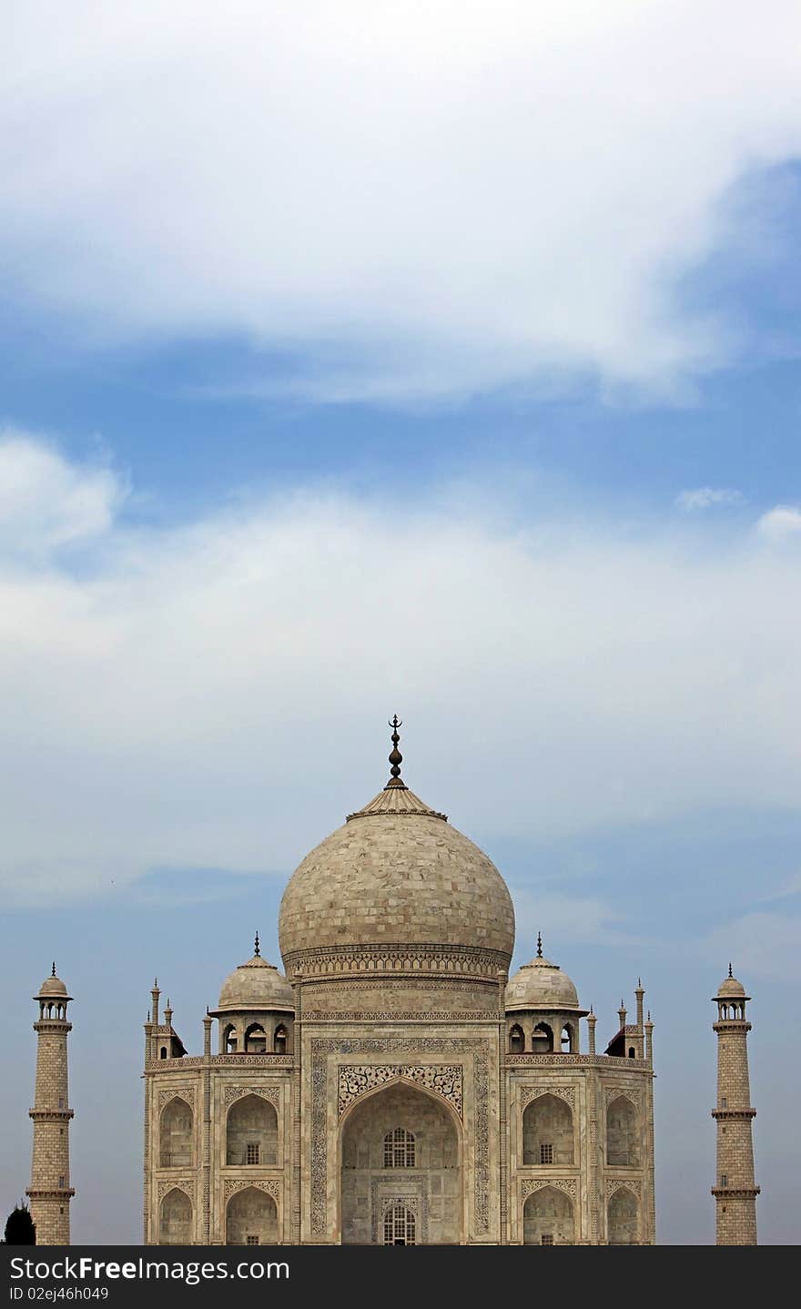 Close-up of the Taj Mahal Mausoleum in Agra, India. Built 1632-1653.