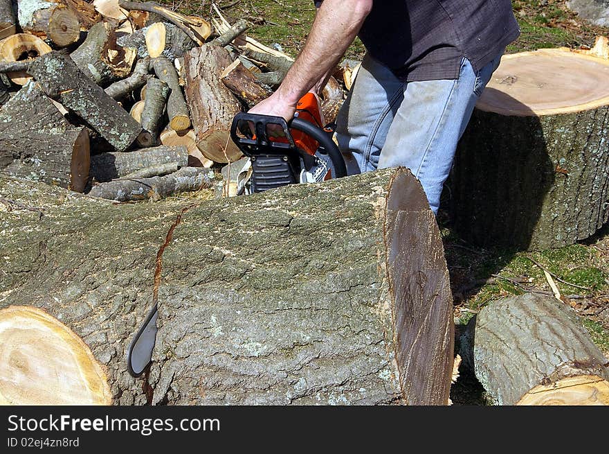 A Man Cutting a Large Log with a Chainsaw. A Man Cutting a Large Log with a Chainsaw