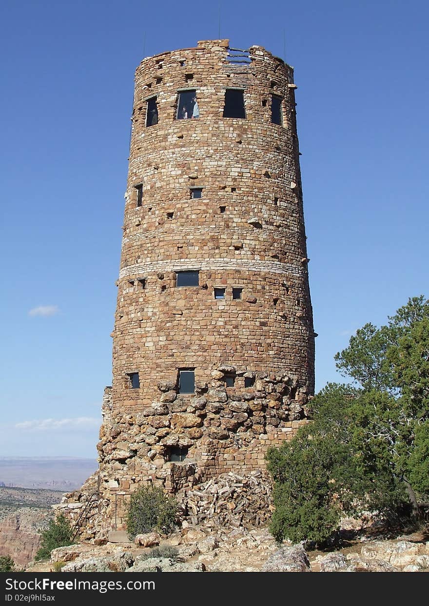 The Desert View Watchtower, constructed in 1932 as a replica of a prehistoric Indian tower. Situated on the rim of the Grand Canyon