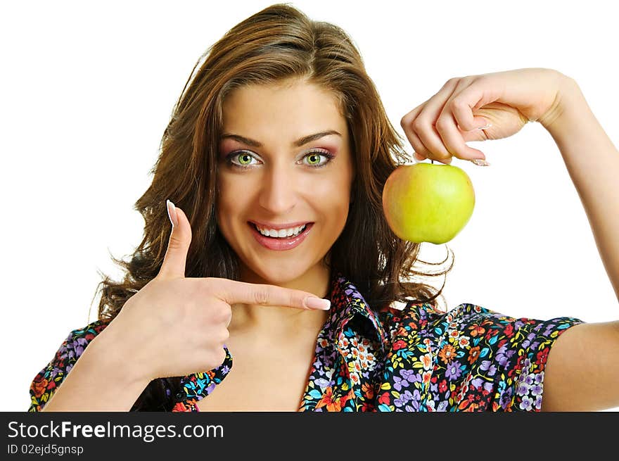 Beauty girl with apple in hand on white background. Beauty girl with apple in hand on white background