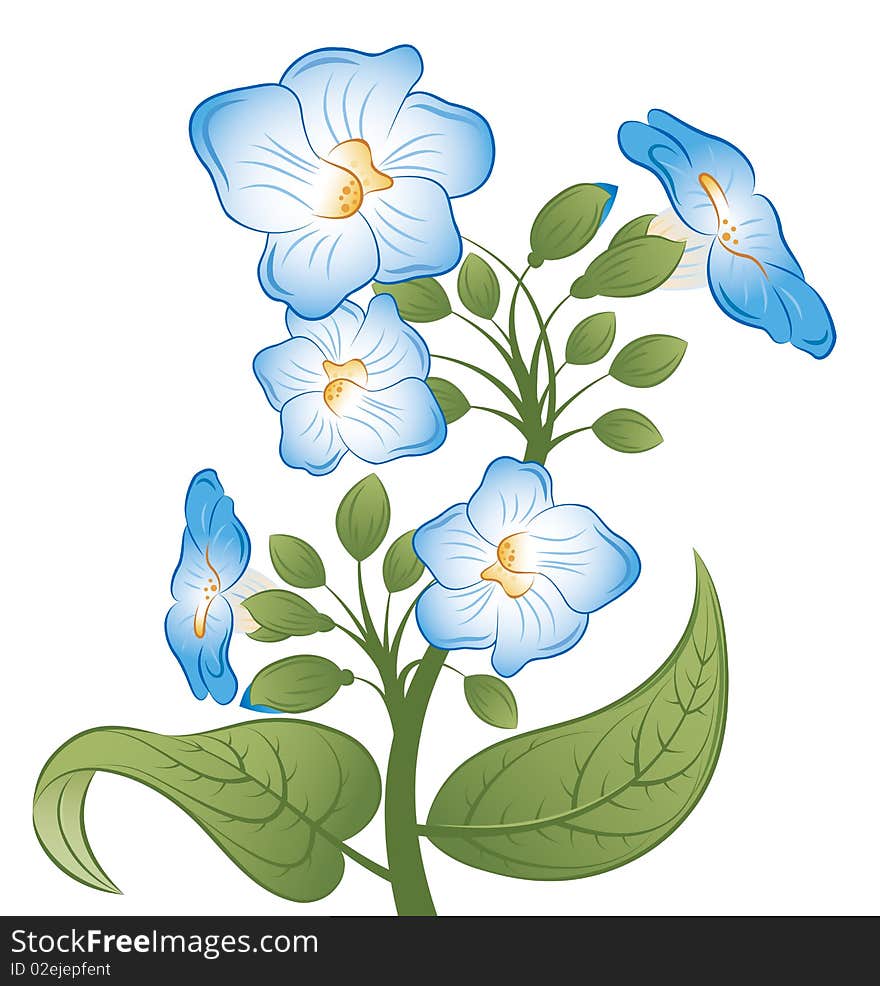 Illustration drawing of blue flower with green leaves