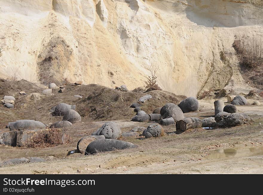 Strange geological phenomenon, the trovanti or sand concretions being also called the growing stones in Trovanti Museum Costesti, Romania