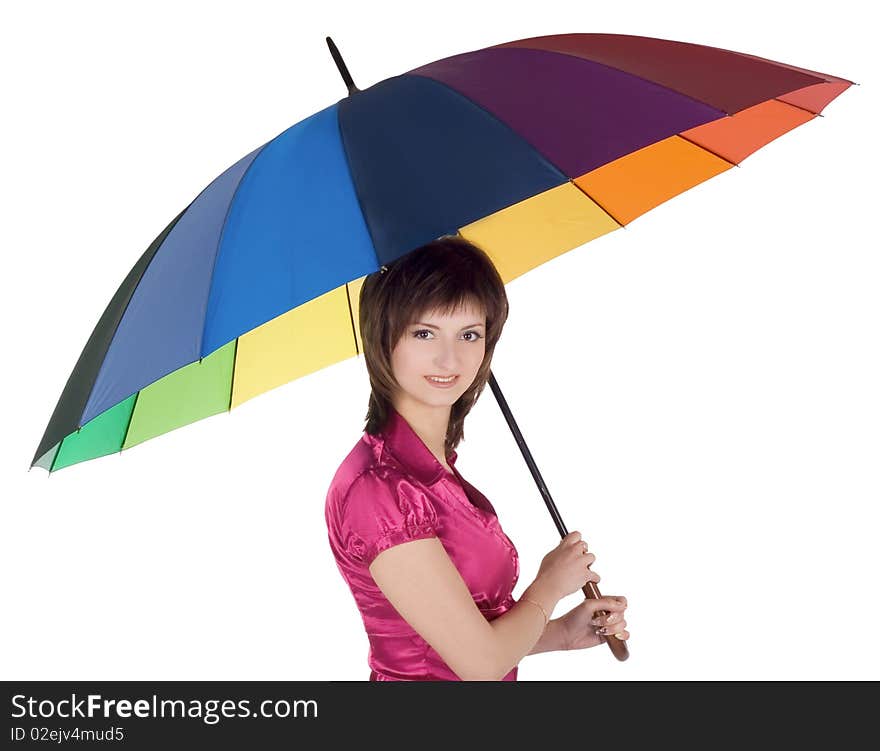 Lovely young lady standing with color umbrella