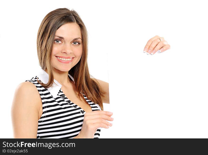 Beautiful girl holding empty white board